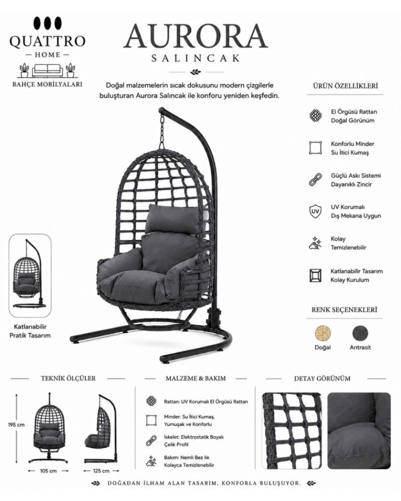 Aurora Rattan Bahçe Salıncağı Antrasit