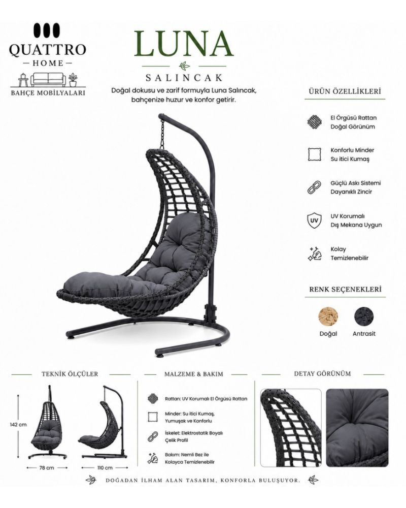 Luna Rattan Bahçe Ve Balkon Salıncağı Antrasit