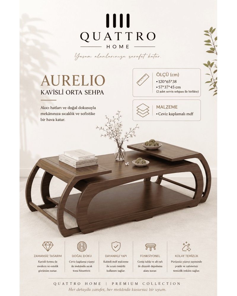 Quattro Home Aurelio Kavisli Ceviz Kaplamalı Orta Sehpa 2 Servis Sehpalı 120x65x38 57x37x45 cm