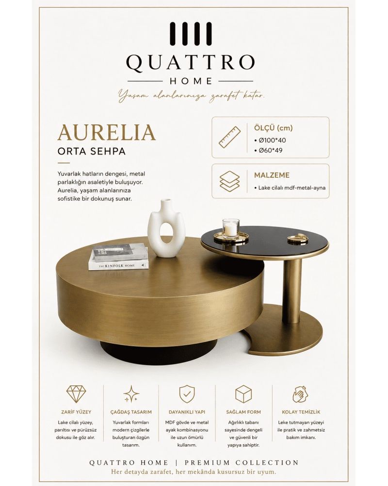 Quattro Home Aurelia Yuvarlak İkili Orta Sehpa Gold Siyah Lake Cilalı MDF Metal Aynalı Yüzey 100x40 60x49 cm