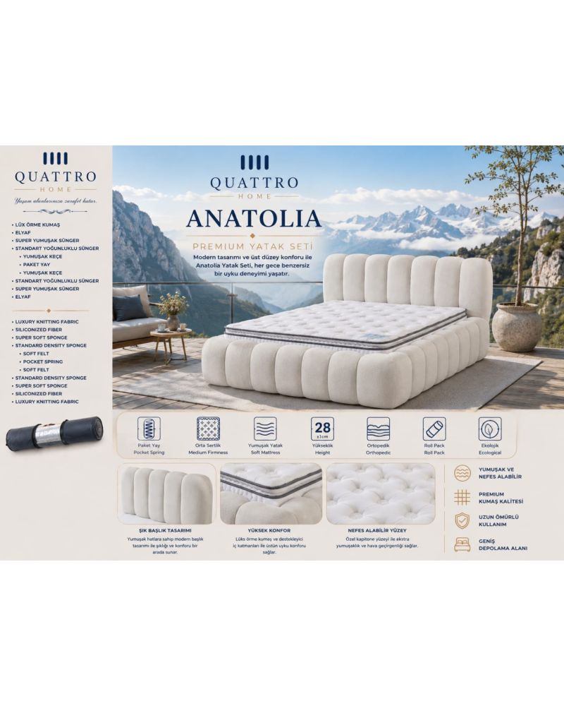 Anatolia Premium Çift Kişilik Yatak Seti Ortopedik Pocket Yaylı Sandıklı Baza Başlık Takımı
