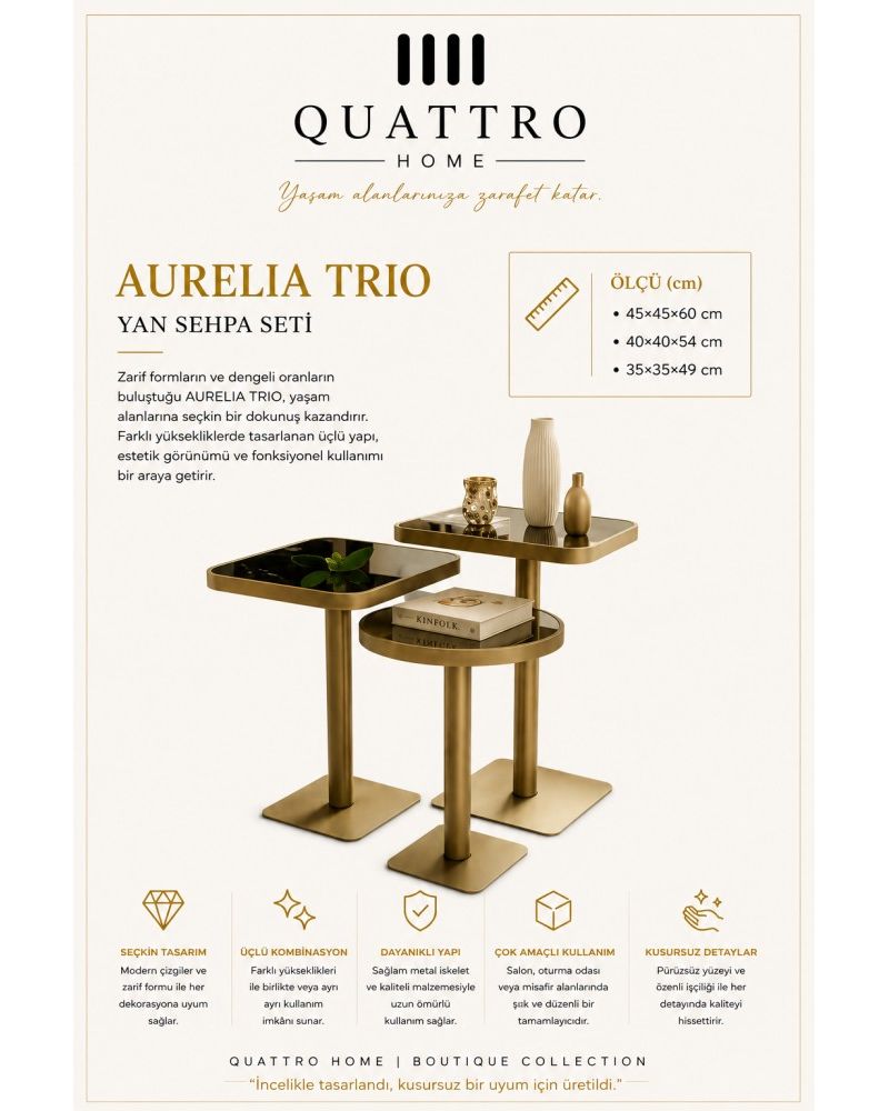 Quattro Home Aurelia Trio Kare ve Yuvarlak Üçlü Yan Sehpa Seti Gold 45x45x60 40x40x54 35x35x49 cm