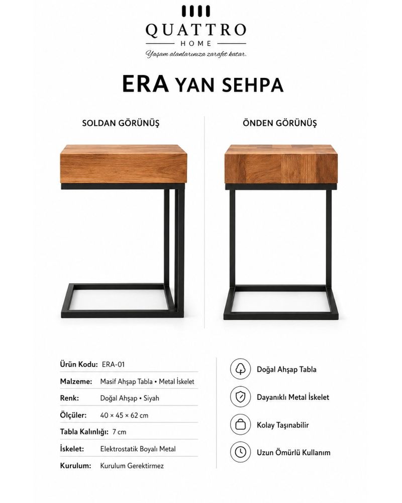 Era Masif Ahşap Tablalı Modern Metal Yan Sehpa