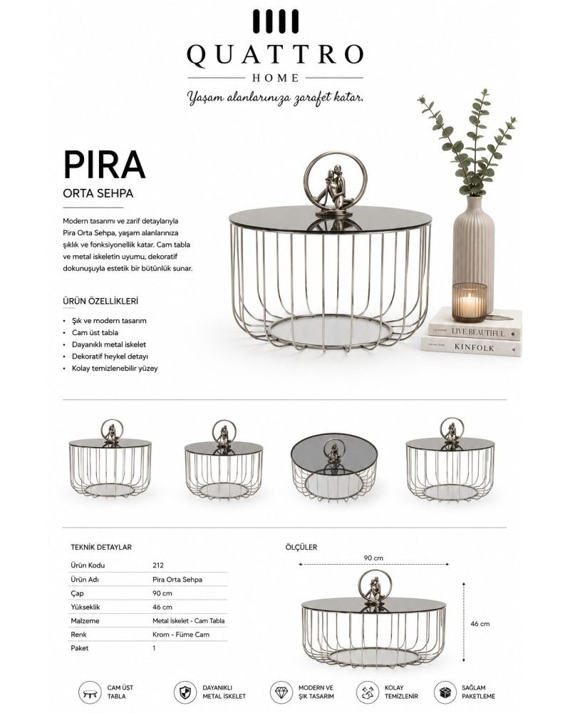 Pira 90 cm Füme Camlı Metal Orta Sehpa