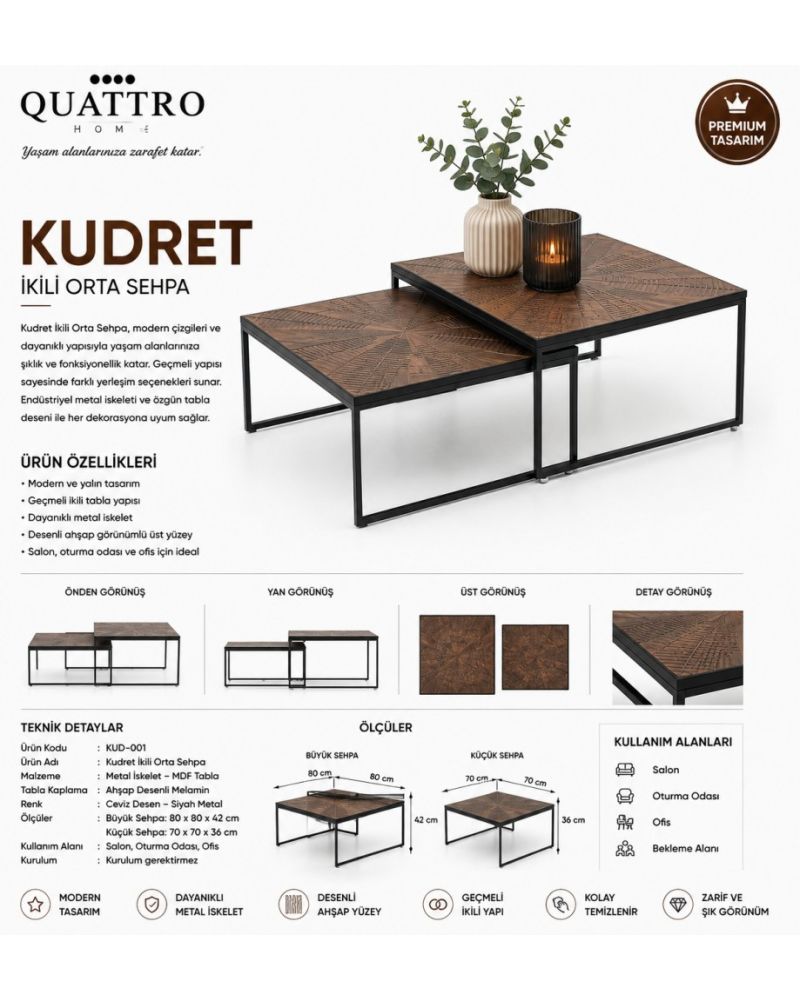 Kudret İkili Geçmeli Orta Sehpa – Ceviz Desen
