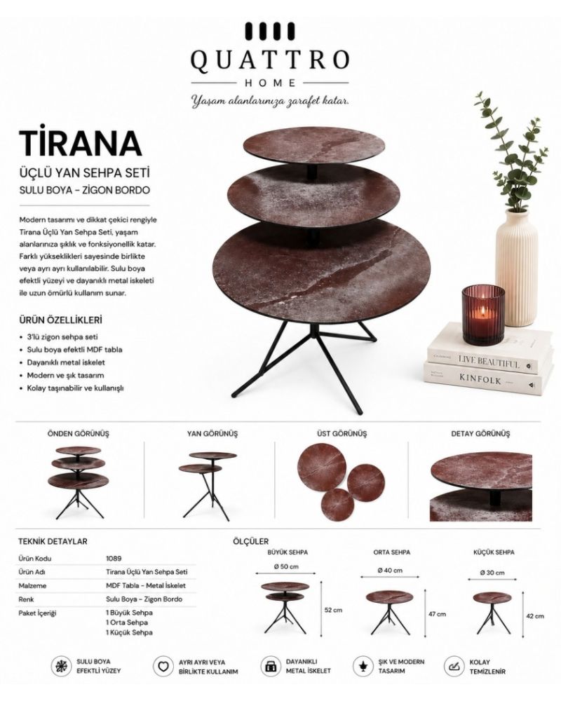 Tirana 3’lü Sulu Boya Efektli Bordo Yan Sehpa Seti