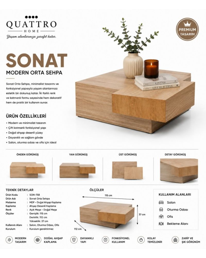 Sonat Çift Katmanlı Doğal Ahşap Kaplamalı Modern Orta Sehpa