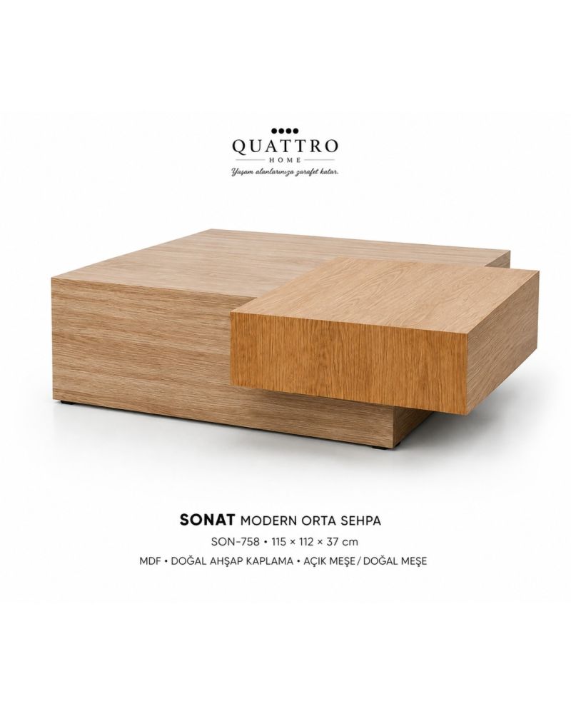 Sonat Çift Katmanlı Doğal Ahşap Kaplamalı Modern Orta Sehpa