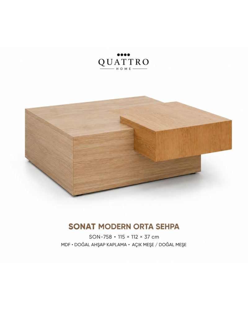 Sonat Çift Katmanlı Doğal Ahşap Kaplamalı Modern Orta Sehpa