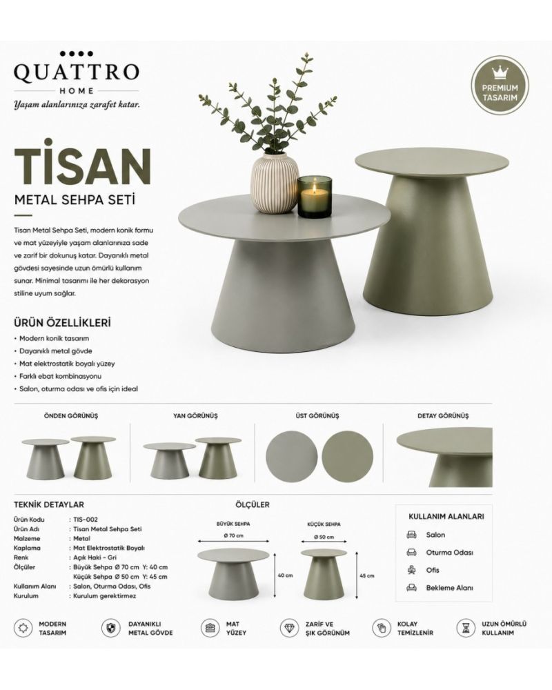Tisan 2’li Metal Sehpa Seti – Açık Haki / Gri