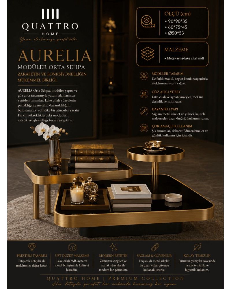 Quattro Home Aurelia Üçlü Modüler Orta Sehpa Siyah Gold Aynalı Lake Yüzey 90x90x35 60x75x45 Ø50x53 cm