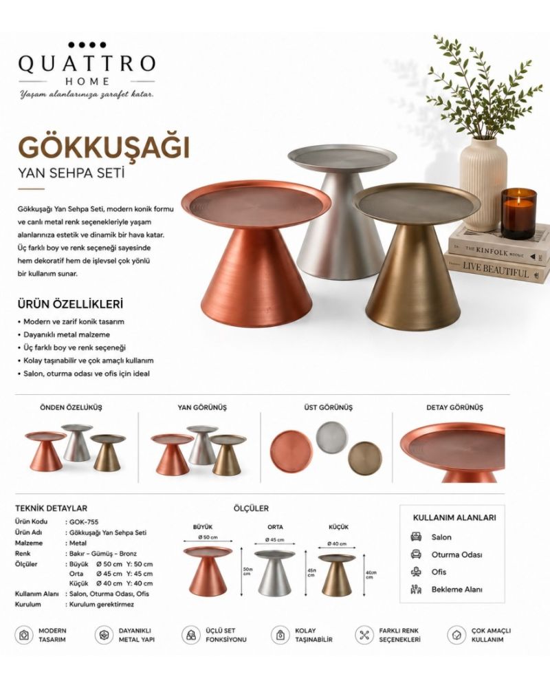 Gökkuşağı 3’lü Metal Yan Sehpa Seti – Bakır Gümüş Bronz