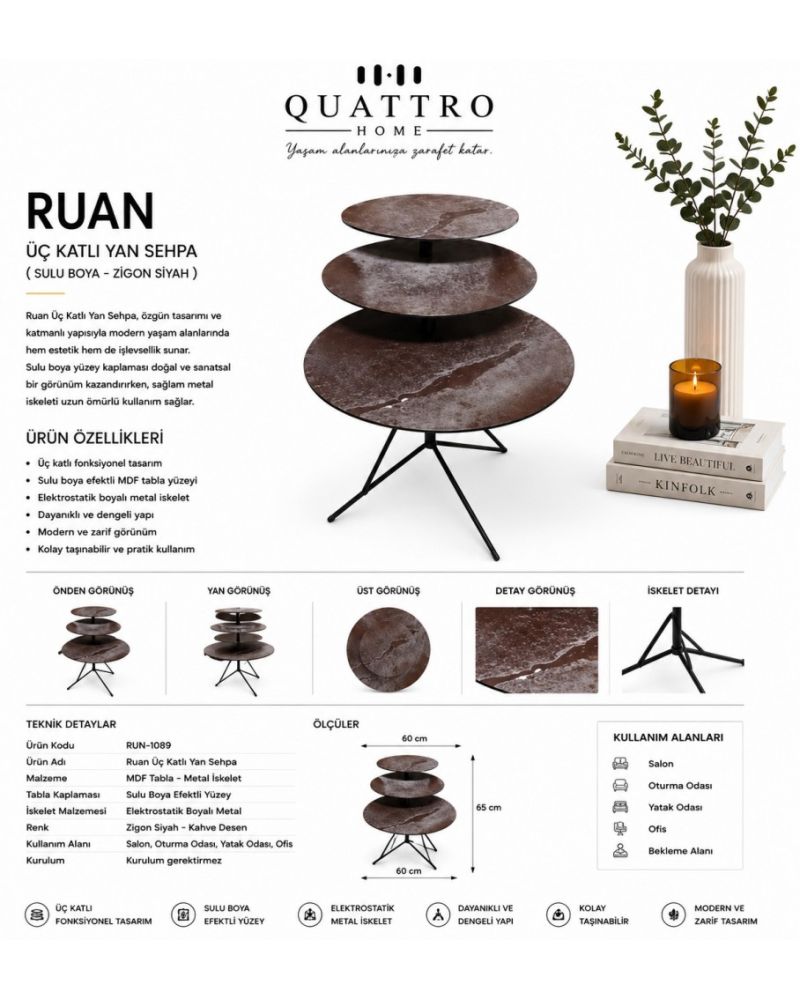 Ruan Üç Katlı Sulu Boya Efektli Metal Yan Sehpa – Kahve Desen