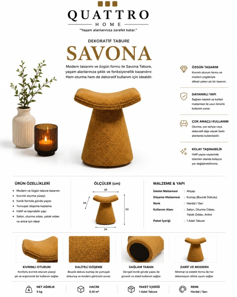 Savona Bouclé Kumaş Kaplı Dekoratif Tabure – Hardal