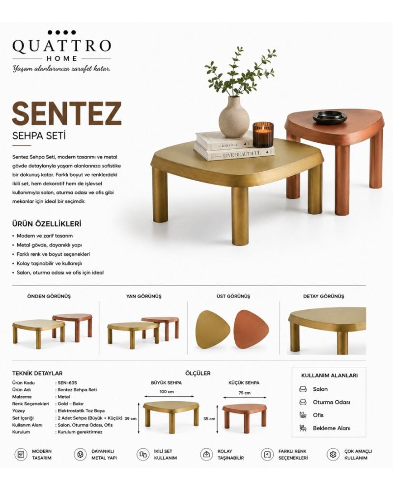 Sentez İkili Metal Sehpa Seti – Gold & Bakır