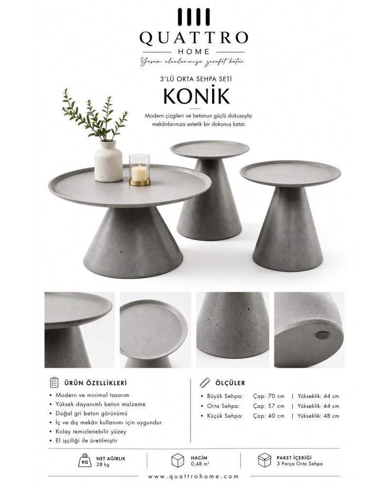 Konik 3’lü Beton Orta Sehpa Seti – Gri