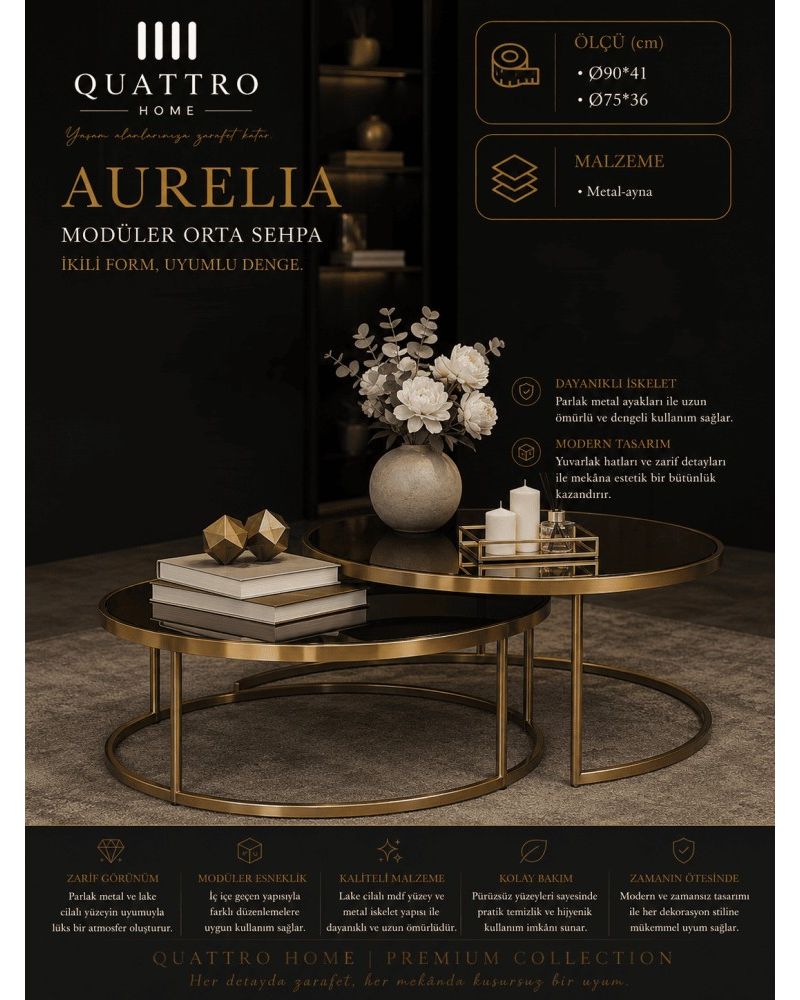 Quattro Home Aurelia İkili Modüler Yuvarlak Orta Sehpa Siyah Gold Metal Aynalı Yüzey 90x41 75x36 cm