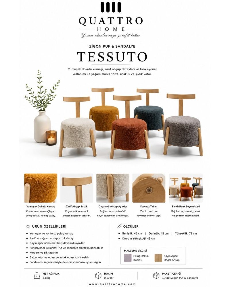 Tessuto Peluş Kumaşlı Ahşap Sırtlı Puf & Sandalye