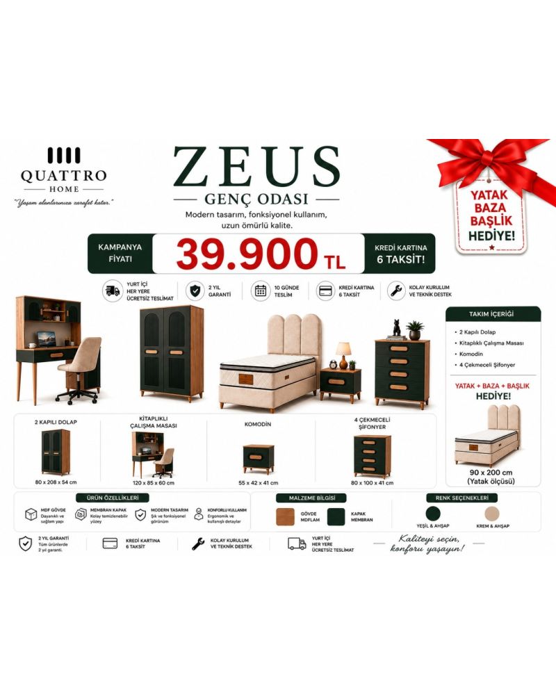 Zeus Genç Odası Takımı – 2 Kapılı Dolap, Çalışma Masası, Komodin ve Şifonyer