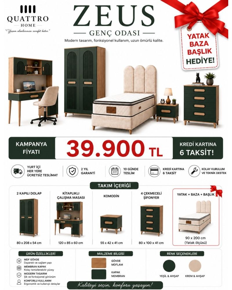 Zeus Genç Odası Takımı – 2 Kapılı Dolap, Çalışma Masası, Komodin ve Şifonyer