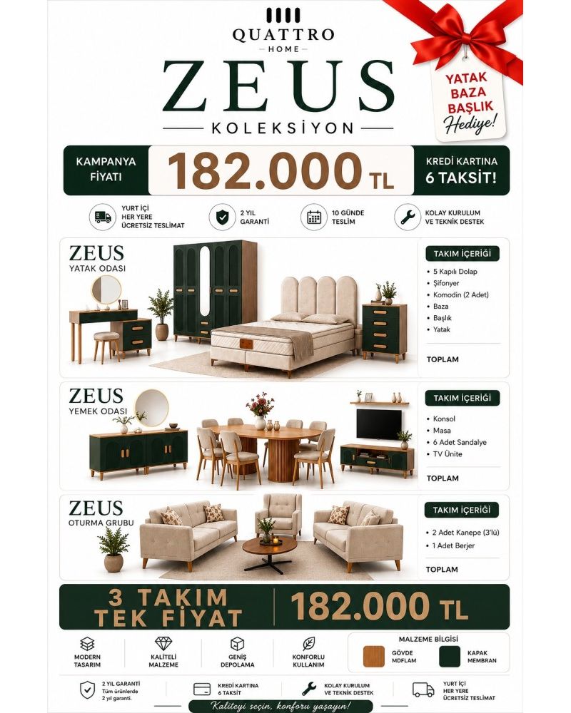 Zeus 3’lü Düğün Paketi – Yatak Odası, Yemek Odası ve Oturma Grubu