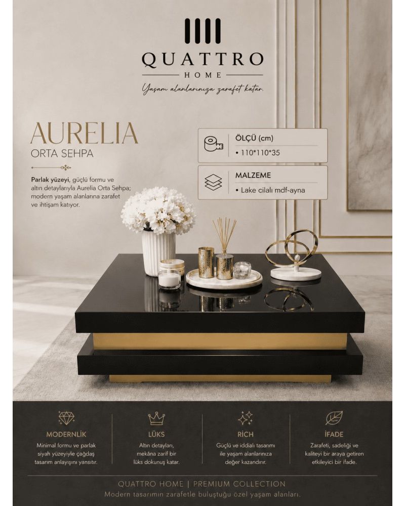 Quattro Home Aurelia Kare Orta Sehpa Siyah Gold Lake Cilalı MDF Aynalı Yüzey 110x110x35 cm