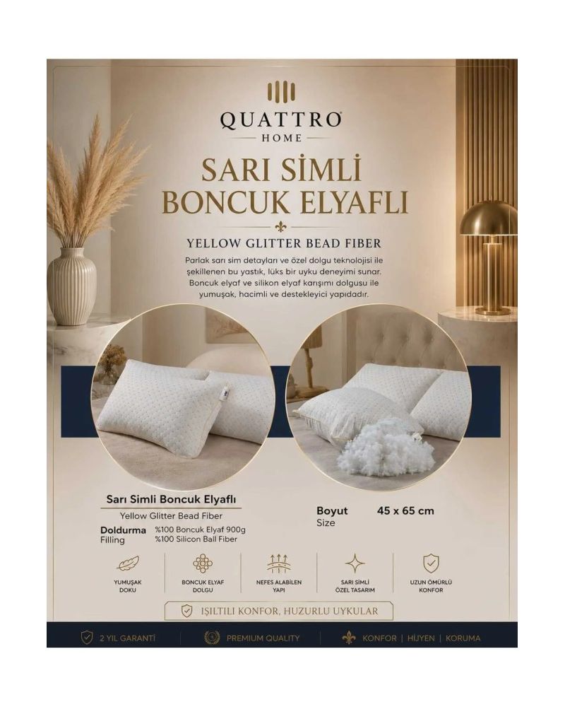 Boncuk Elyaflı Yastık 45x65 cm 900 Gr Silikon Boncuk Elyaf Dolgulu Hipoalerjenik Yıkanabilir Uyku Yastığı