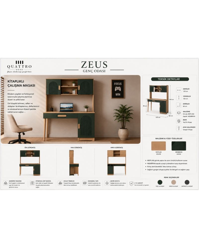 Zeus Kitaplıklı Çalışma Masası