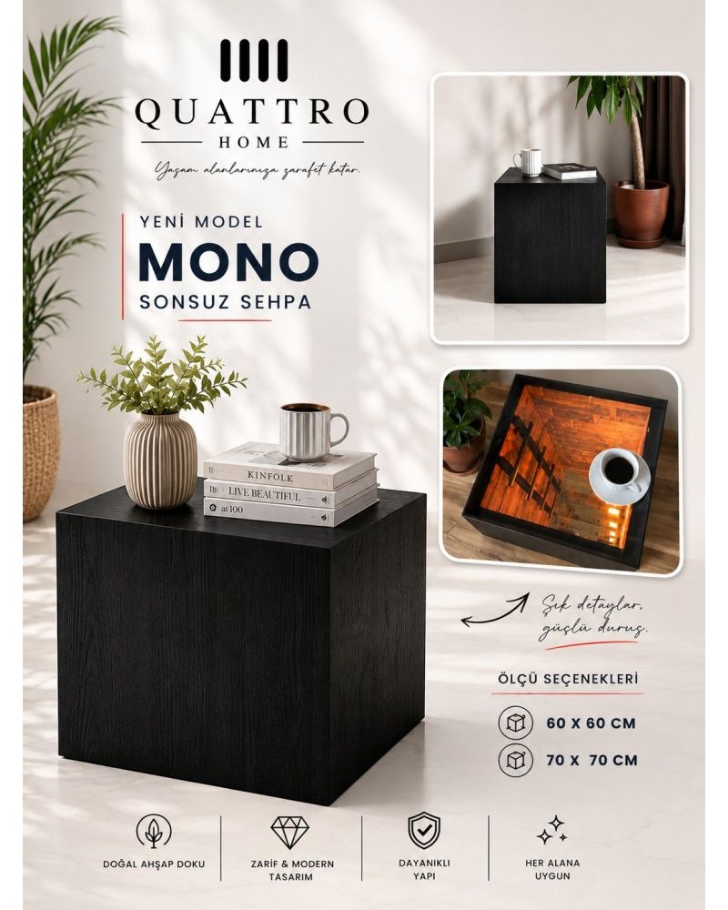 Quattro Home Mono Siyah Sonsuz Sehpa 60x60 70x70 Modern Ahşap Dokulu Sehpa