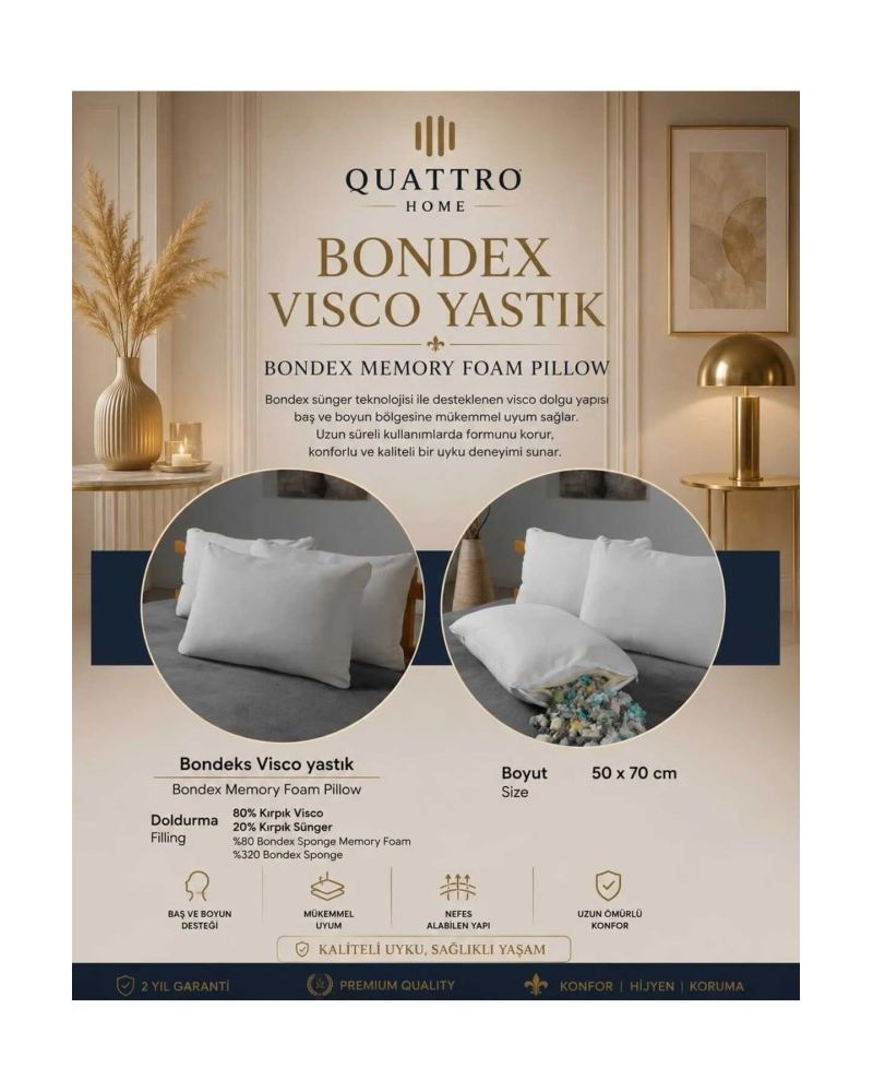 Bondex Visco Yastık 50x70 cm Memory Foam Kırpık Visco Yastık Baş ve Boyun Destekli