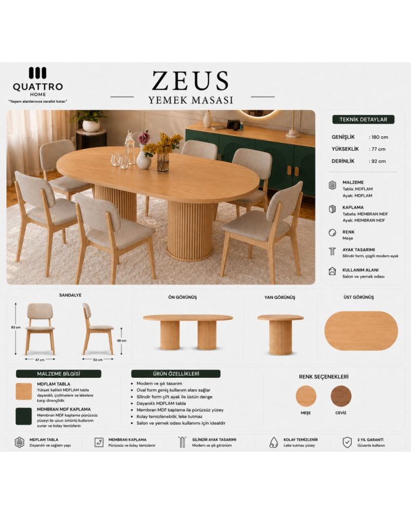 Zeus Yemek Masası ve Sandalye Takımı