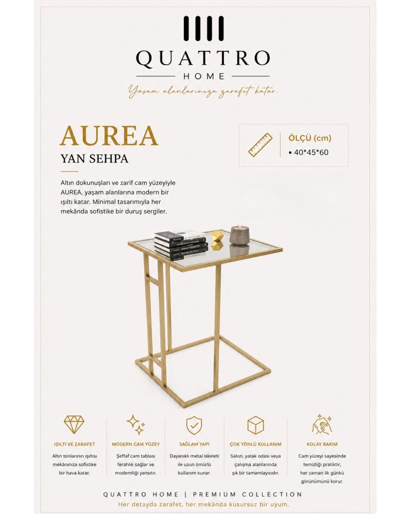 Quattro Home Aurea Gold Metal Ayaklı Cam Yüzey Yan Sehpa 40x45x60 cm