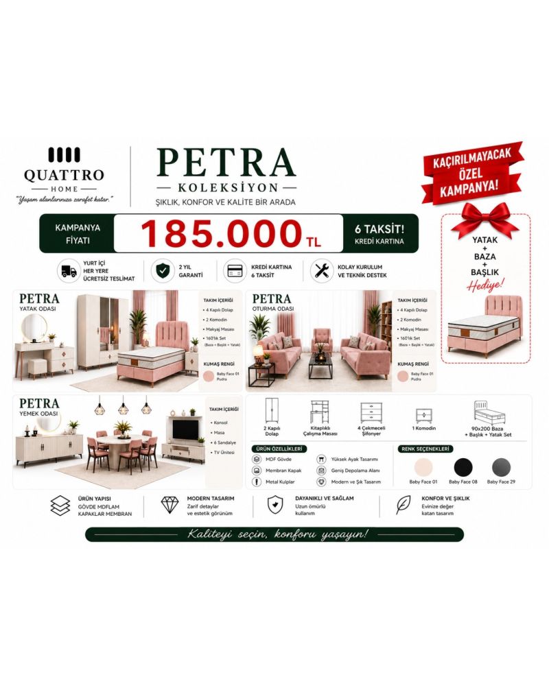 Petra Evlilik Paketi – Yatak Odası, Oturma Odası ve Yemek Odası Seti