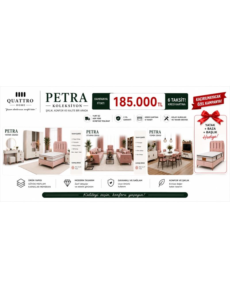 Petra Evlilik Paketi – Yatak Odası, Oturma Odası ve Yemek Odası Seti