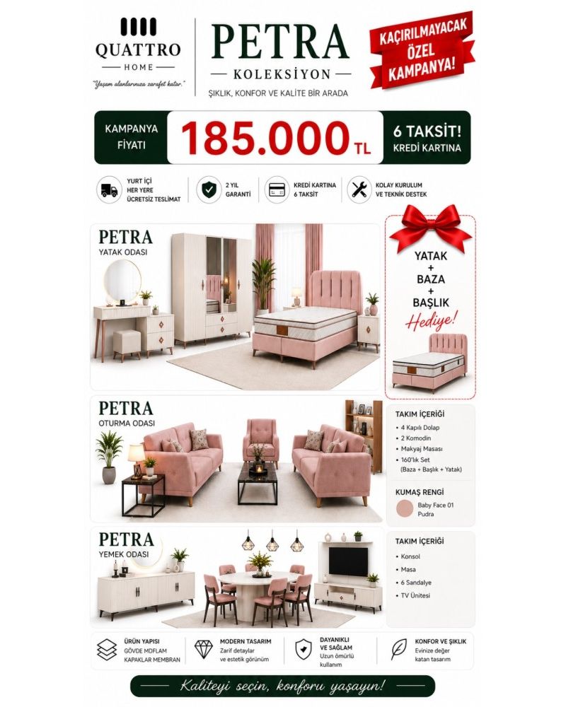 Petra Evlilik Paketi – Yatak Odası, Oturma Odası ve Yemek Odası Seti