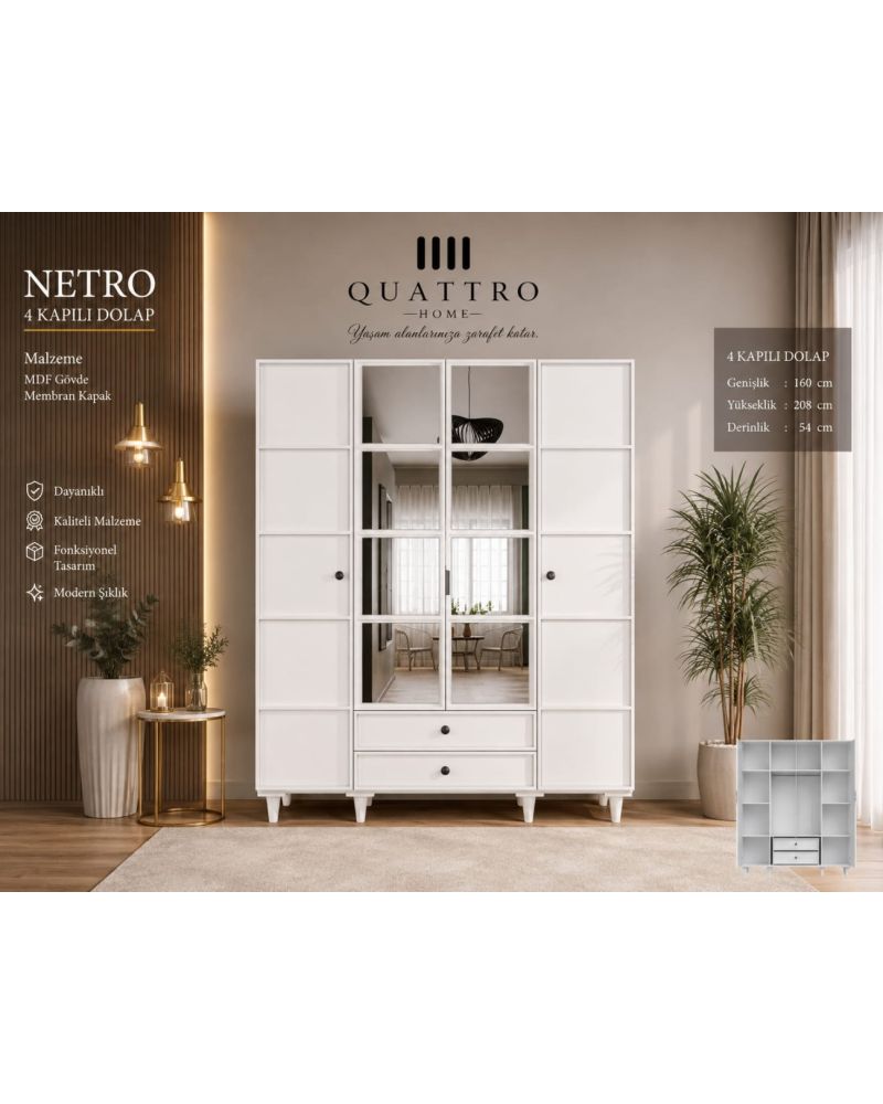 Netro 4 Kapılı Aynalı Dolap