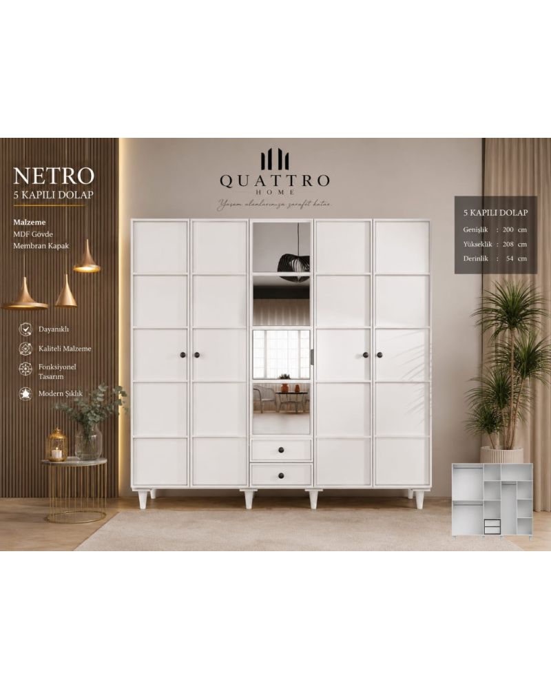 Netro 5 Kapılı Aynalı Dolap