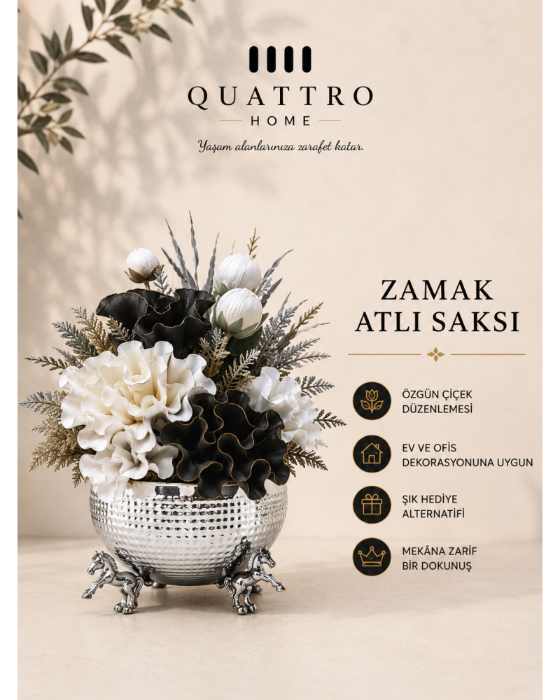 Zamak Atlı Saksı Aranjmanlı - Gümüş