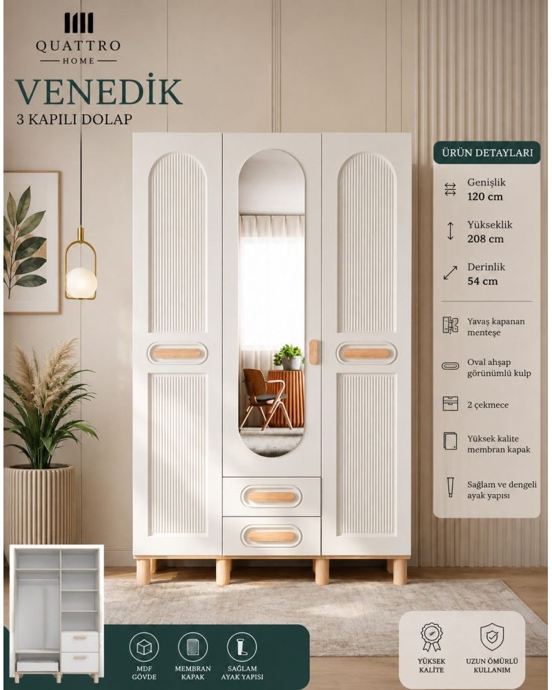 Venedik 3 Kapılı Aynalı Dolap