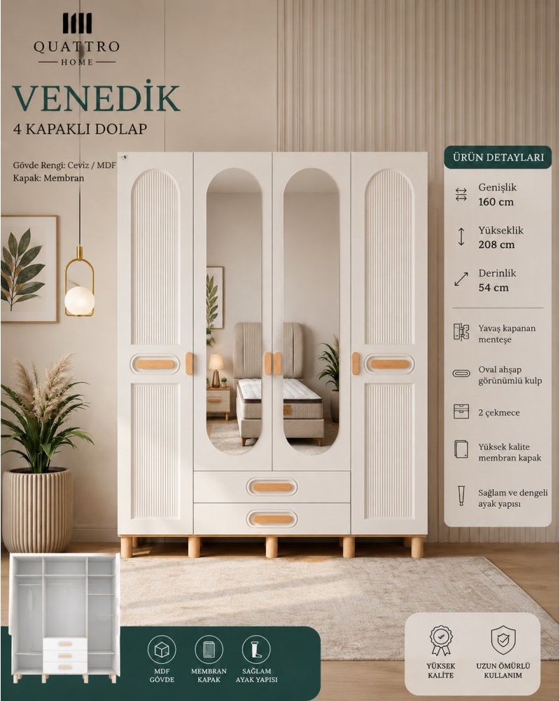Venedik 4 Kapılı Aynalı Dolap
