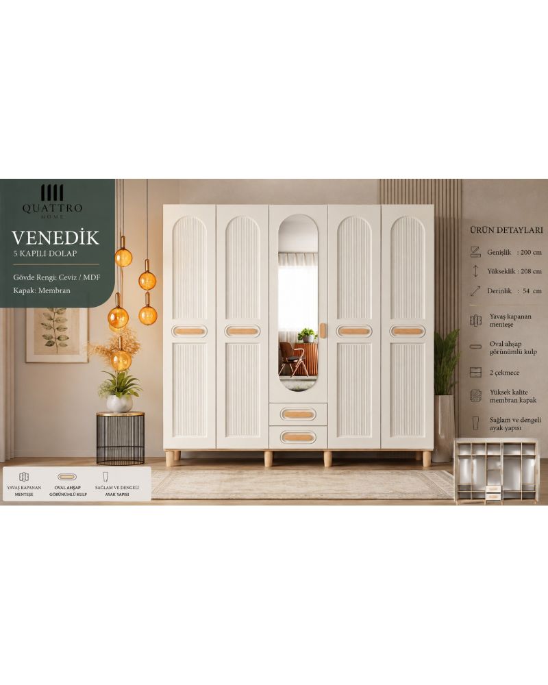 Venedik 5 Kapılı Aynalı Dolap