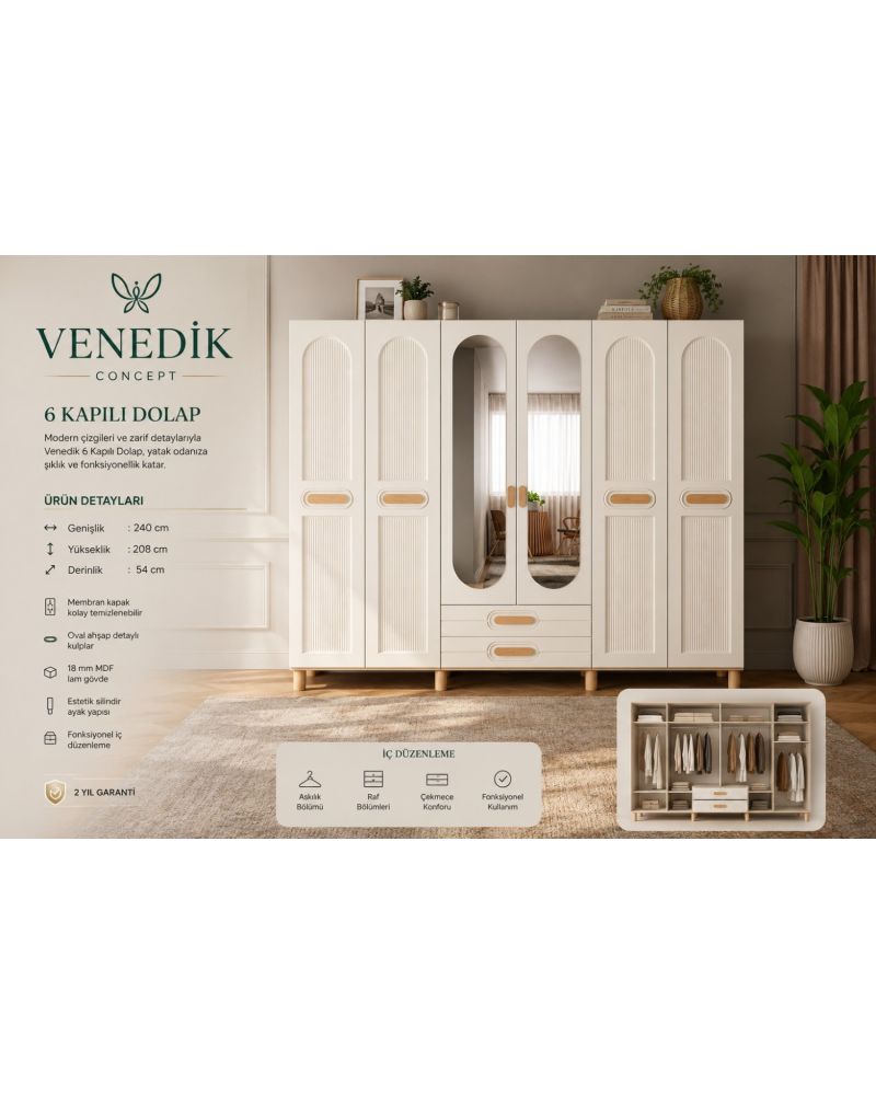 Venedik 6 Kapılı Aynalı Dolap