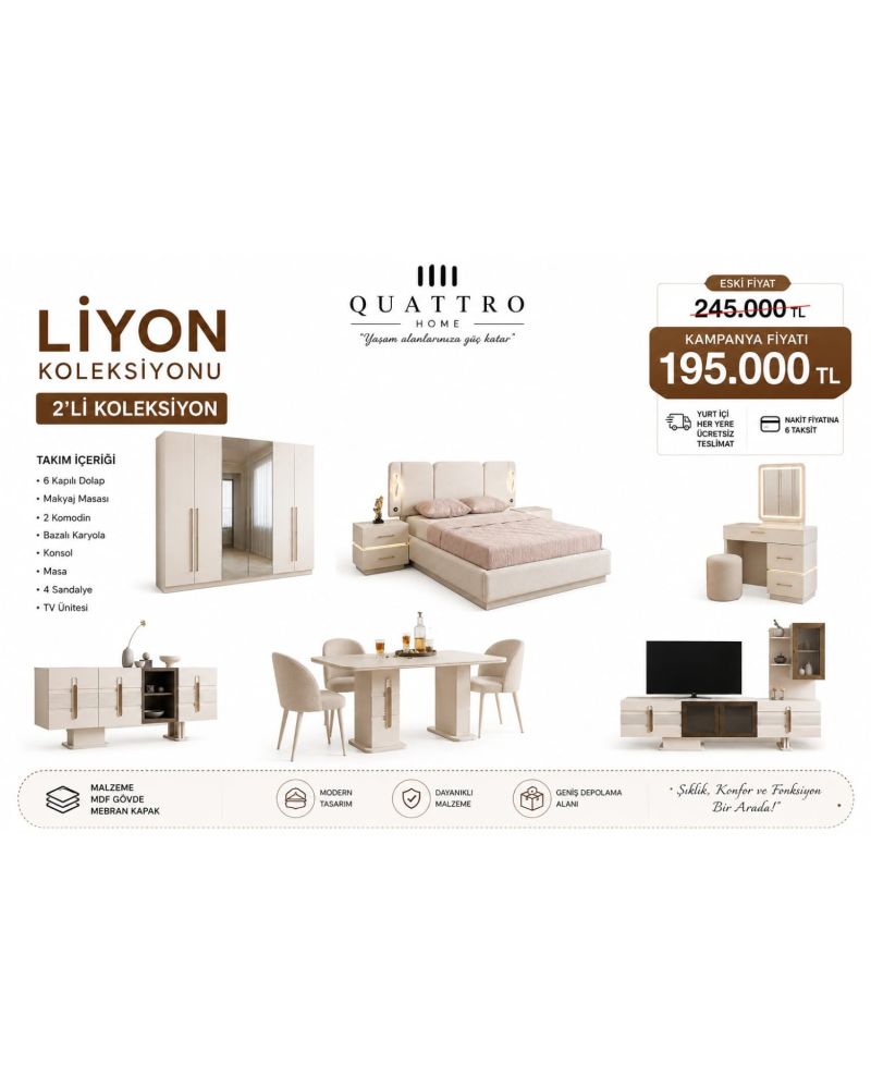 Liyon 2’li Koleksiyon Yatak Odası ve Yemek Odası Takımı
