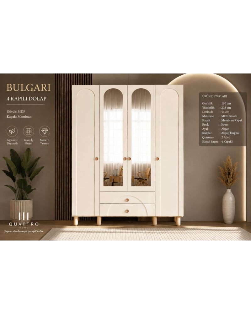 Bulgari 4 Kapılı Aynalı Dolap