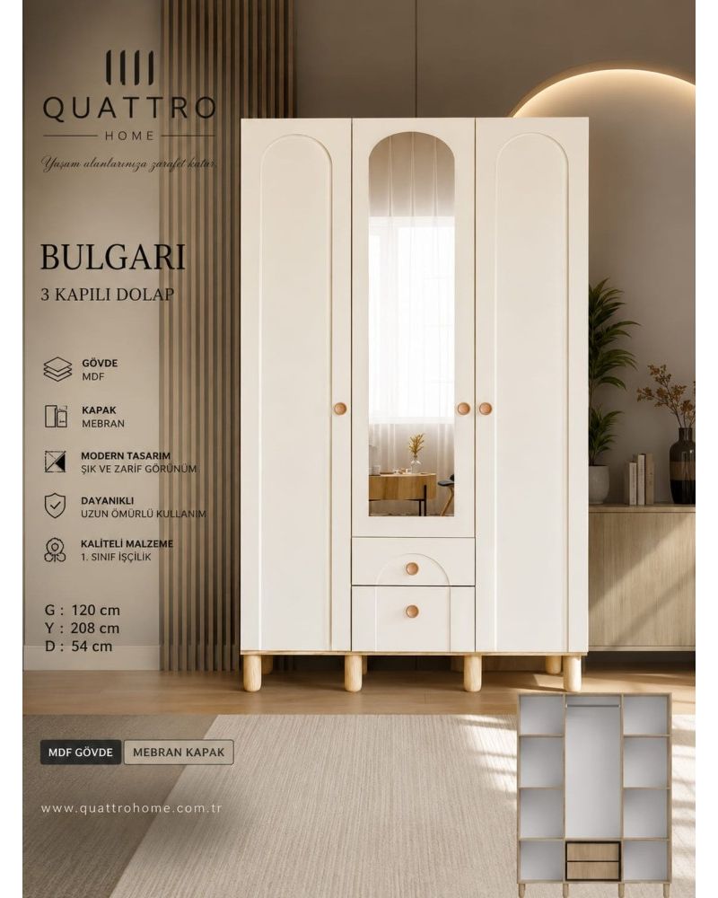 Bulgari 3 Kapılı Aynalı Dolap