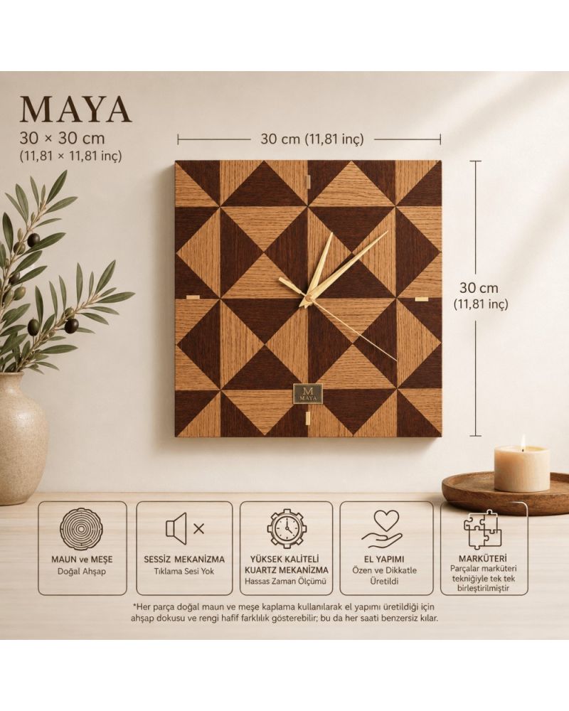 Maya Collection – Doğal Maun ve Meşe Ahşap Kaplama Duvar Saati