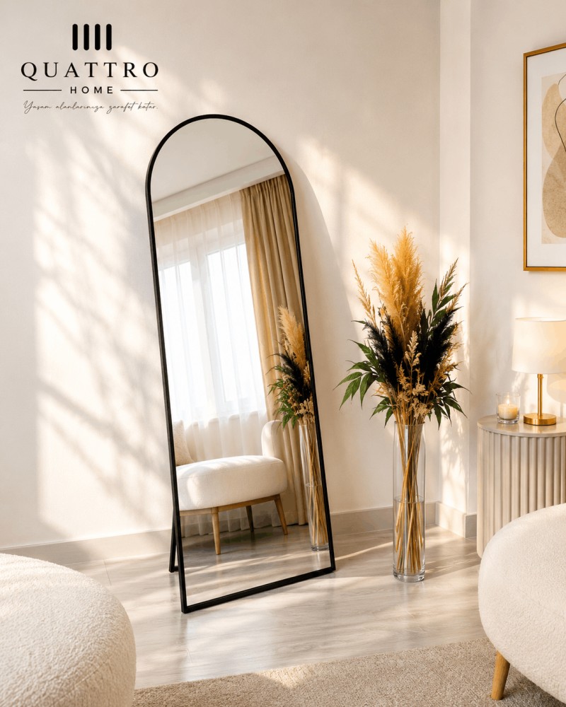 Siyah Metal Çerçeveli Ayaklı Oval Boy Aynası 180x70 cm