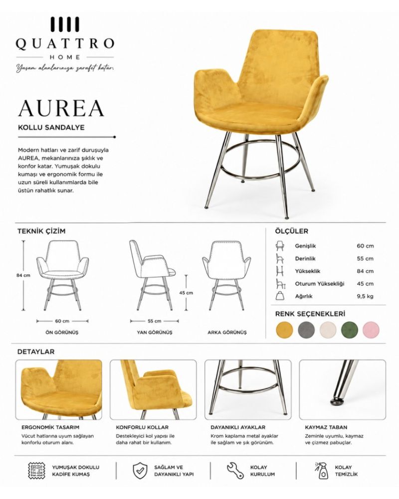 Aurea Kollu Sandalye – Kadife Kumaş, Krom Metal Ayaklı Modern Tasarım