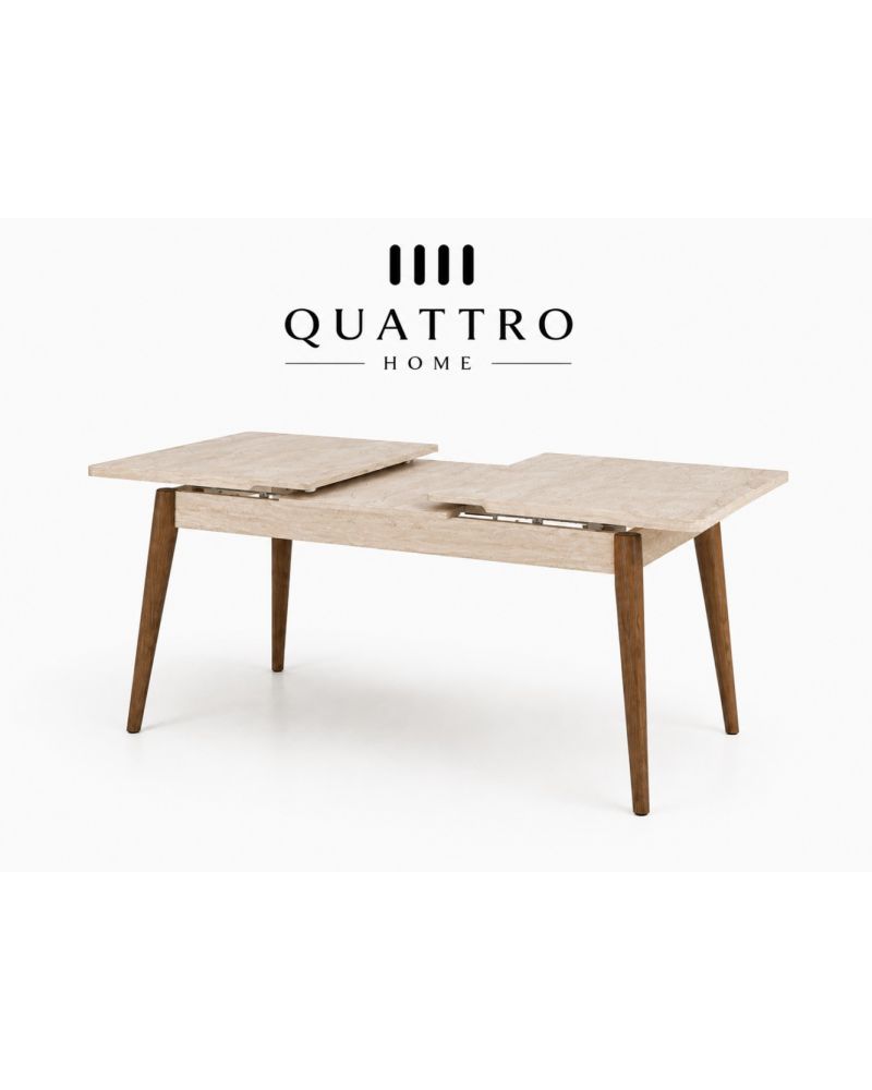 Aurelio Açılır Yemek Masası – Traverten Görünümlü Tabla, Ceviz Ahşap Ayak 110–180 cm