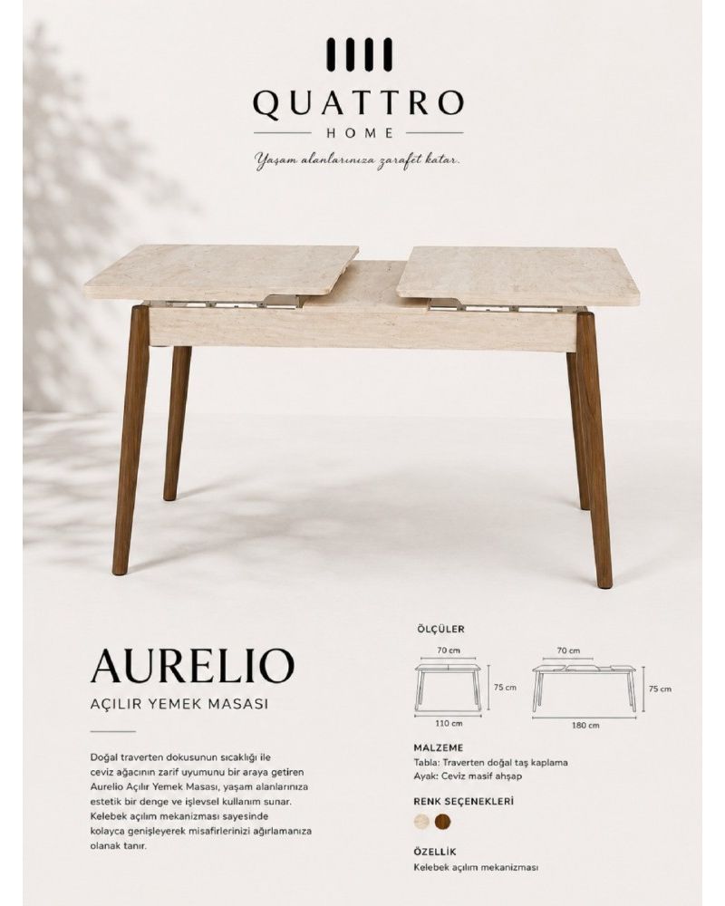 Aurelio Açılır Yemek Masası – Traverten Görünümlü Tabla, Ceviz Ahşap Ayak 110–180 cm